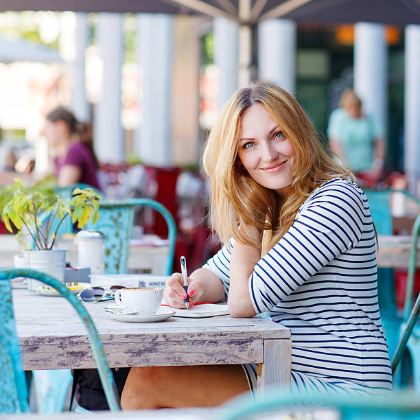 istock Woman drinking coffee and writing notes in cafe 499233438