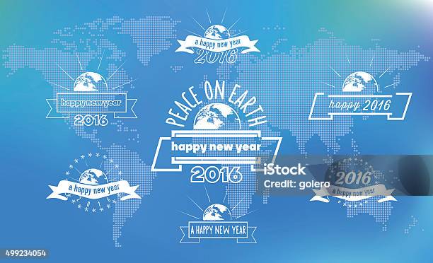 New Year Badges On World Map Made Of Dots Stock Illustration - Download Image Now - Symbols Of Peace, Banner - Sign, Globe - Navigational Equipment
