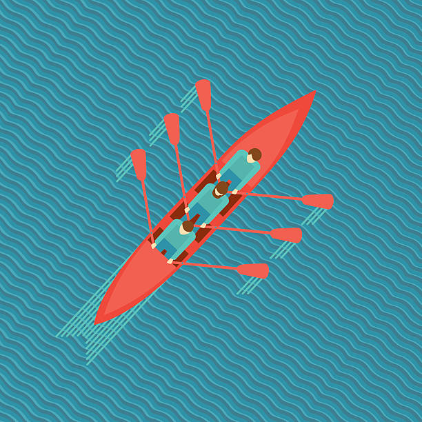 illustrazioni stock, clip art, cartoni animati e icone di tendenza di tre uomini in barca. - rowboat