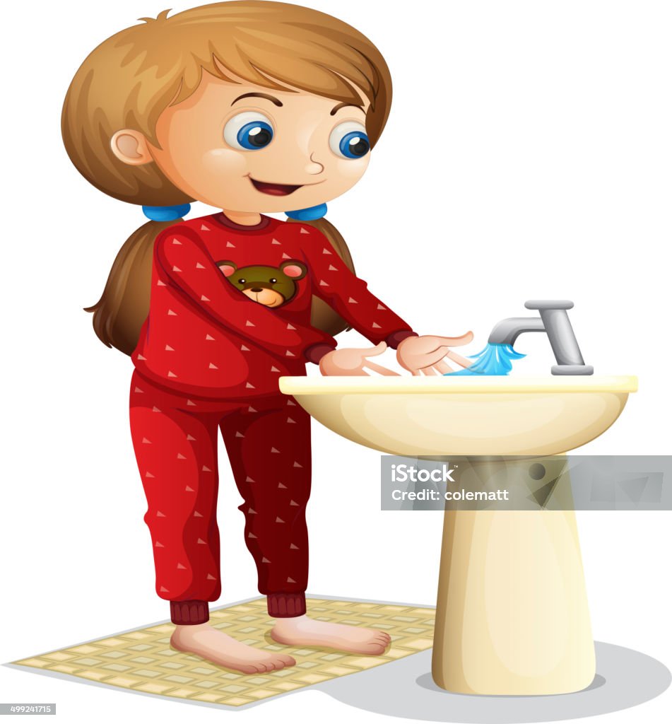 Smiling young lady washing her face Illustration of a smiling young lady washing her face on a white background Adult stock vector