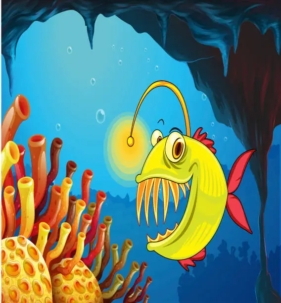 Vector illustration of Cave with a piranha