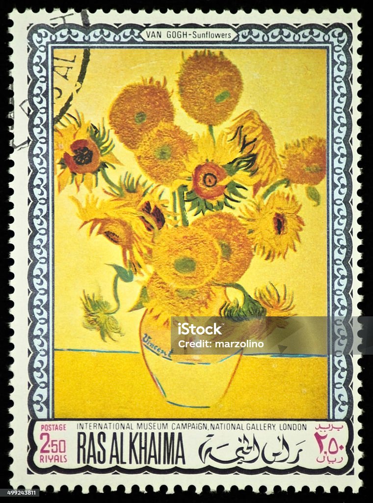 Van Gogh Sunflowers stamp Vincent Van Gogh Sunflowers picture in a cancelled stamp Vincent Van Gogh - Painter Stock Photo