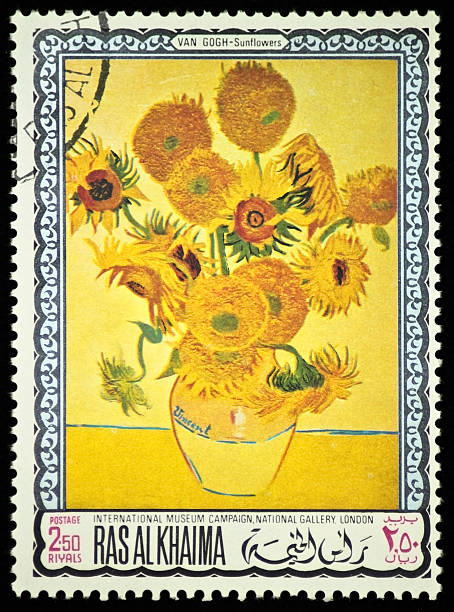 Van Gogh Sunflowers stamp Vincent Van Gogh Sunflowers picture in a cancelled stamp dutch culture photos stock pictures, royalty-free photos & images