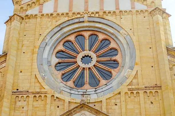 Rose window, detail of the Facade of San Zeno Cathedral, Verona, Italy