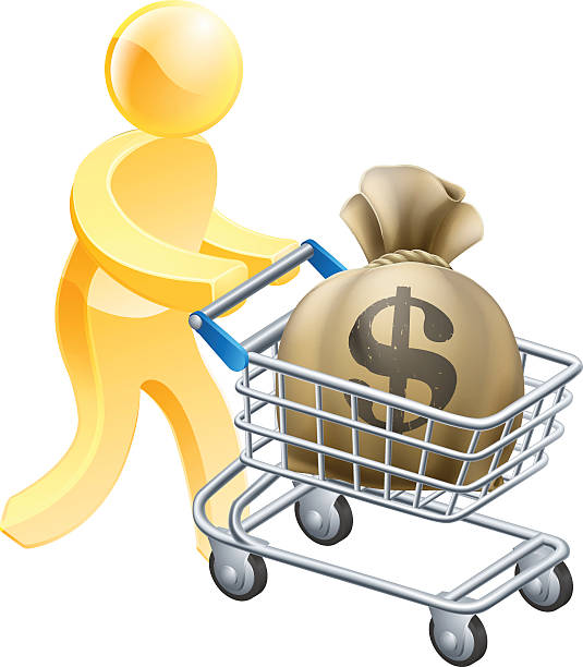 деньги корзина тележки человека - three dimensional shape paper currency wealth shopping cart stock illustrations