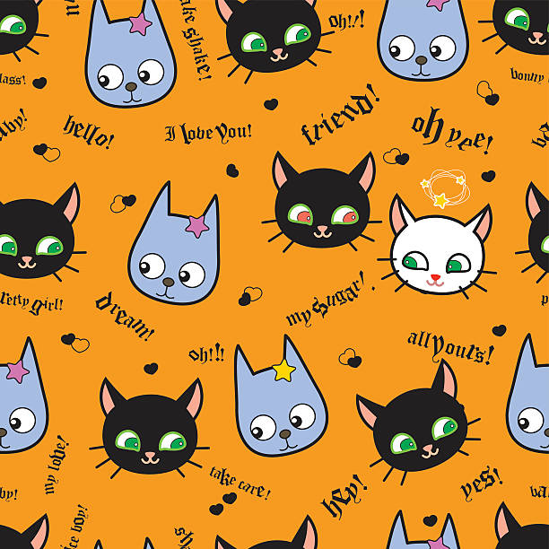 cartoon_cute_cats_and_dogs_vector_seamless_pattern_orange_background - offspring child playing playful点のイラスト素材／クリップアート素材／マンガ素材／アイコン素材