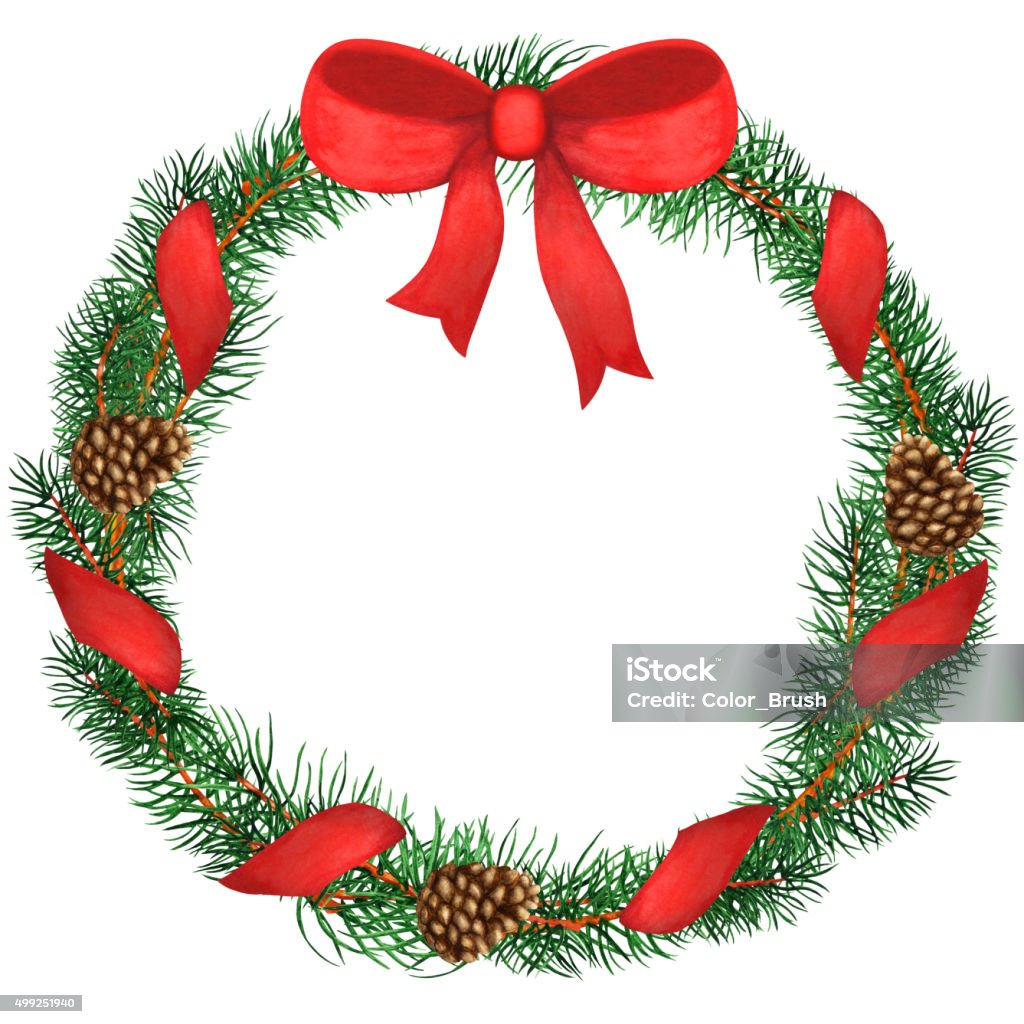 Watercolor pine tree wreath with red bow, ribbon, cones Watercolor pine tree wreath with red bow, ribbon, cones frame isolated on white background. Christmas decoration. Hand painting on paper 2015 stock illustration