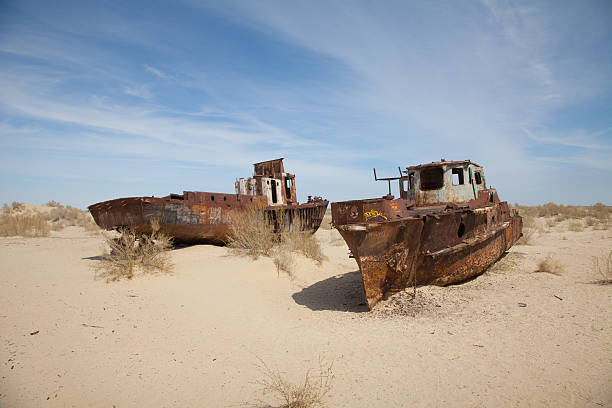 abandonado los buques de aral desert, moynaq, de karakalpakstán, uzbekistán - ship of the desert fotografías e imágenes de stock