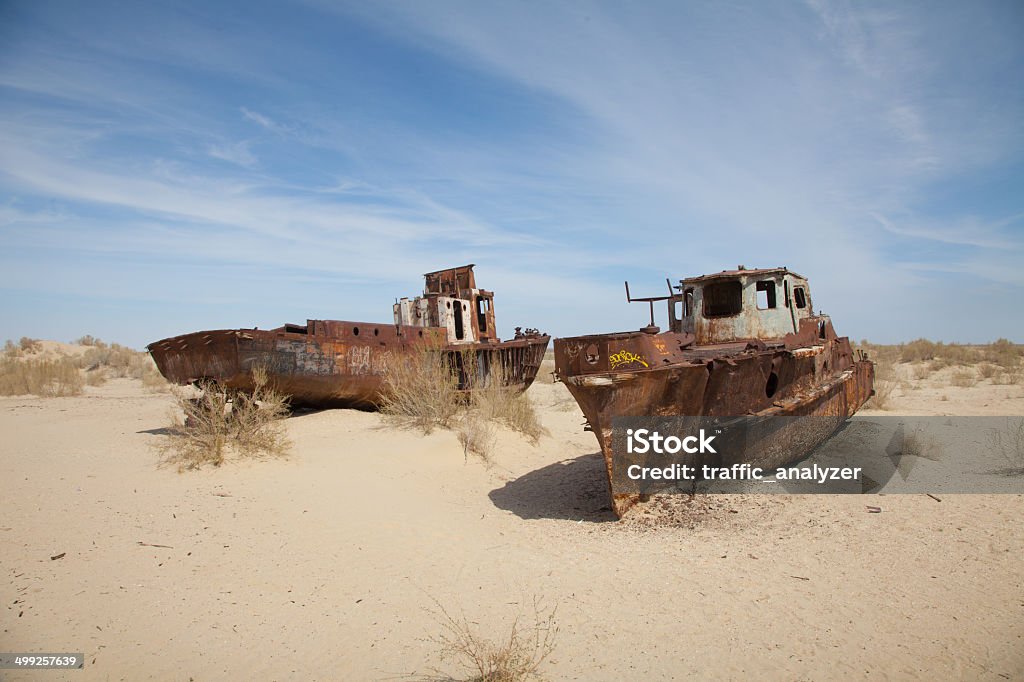 Abandoned ships in Aral Desert, Moynaq, Karakalpakstan, Uzbekistan Aral Sea Stock Photo