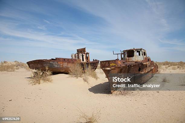 Abandoned Ships In Aral Desert Moynaq Karakalpakstan Uzbekistan Stock Photo - Download Image Now