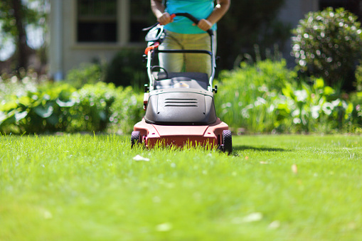 Woman Mowing the grass lawn in residential neighborhood with battery powered lawn mower for ecological efficiency. 