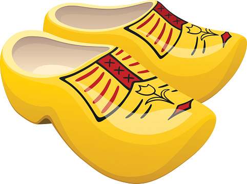 Vector illustration of a pair of yellow Dutch wooden shoes with a decorative tulip design. Illustration uses linear gradients and transparencies. Both .ai and AI10-compatible .eps formats are included, along with a high-res .jpg, and a high-res .png with transparent background.