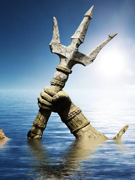 Statue of Neptune or Poseidon's arm holding trident coming up through the water .3d render
