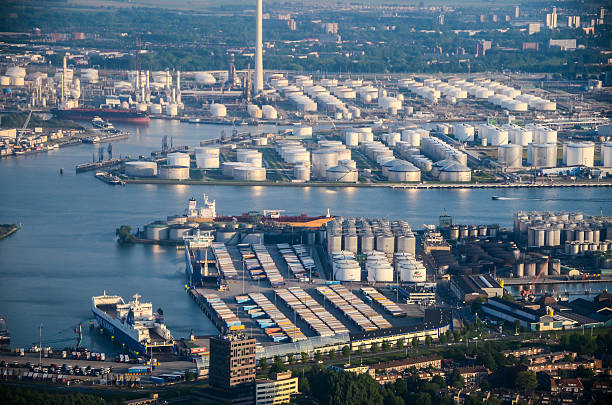 The Port of Rotterdam is the  largest port in the Netherlands. Drone shot of petro chemical bulk harbor.