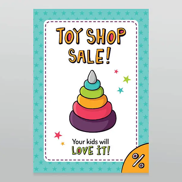 Vector illustration of Toy shop vector sale flyer design with toy pyramid