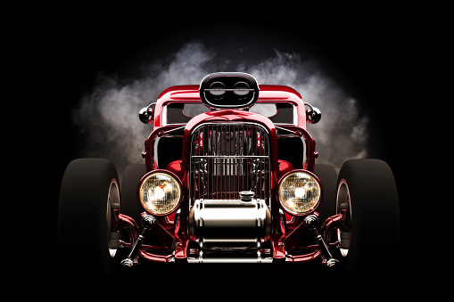 Hot rod with smoke background, 3d model scene