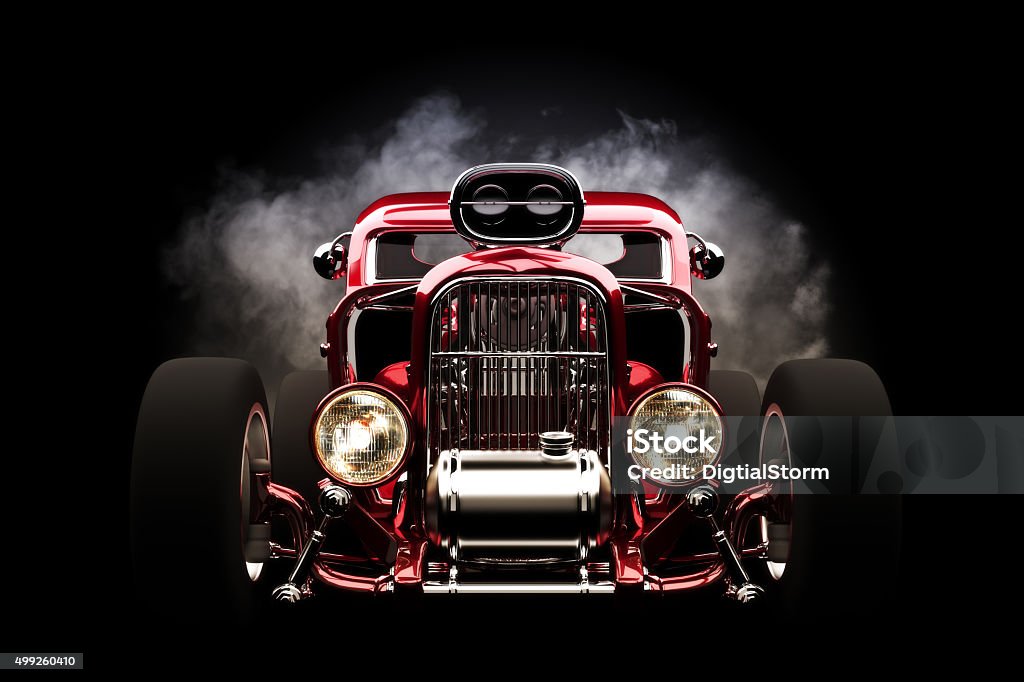 Hot rod front view with smoke burnout background Hot rod with smoke background, 3d model scene Hot Rod Car Stock Photo