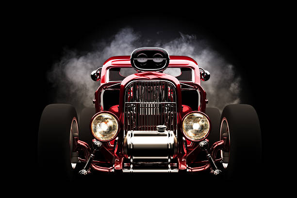 Hot rod front view with smoke burnout background Hot rod with smoke background, 3d model scene hot rod car stock pictures, royalty-free photos & images