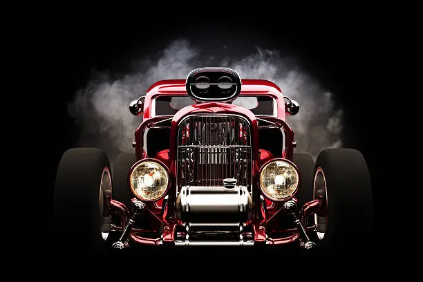 Photo of Hot rod front view with smoke burnout background