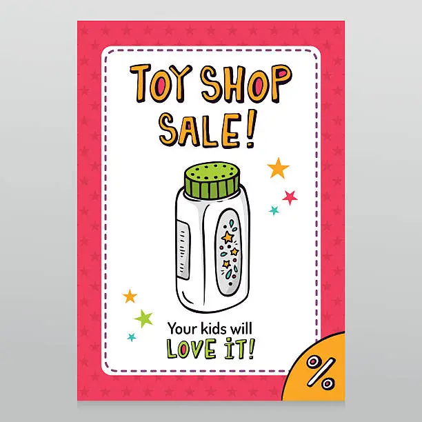 Vector illustration of Toy shop vector sale flyer design with baby powder bottle