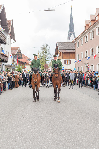 Miesbach, Bavaria, Germany, 04 May 2014:mounted Police at year day of mountain protected in Miesbach