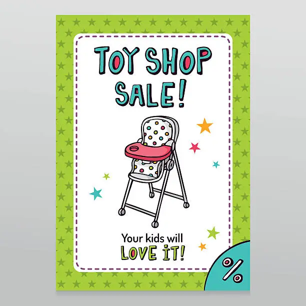 Vector illustration of Toy shop vector sale flyer design with high feeding chair