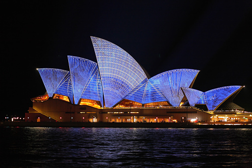 Sydney, Australia - June 2, 2014;  Sydney Opera House with architectural blueprint design during Vivid Sydney annual festival of light, music and ideas
