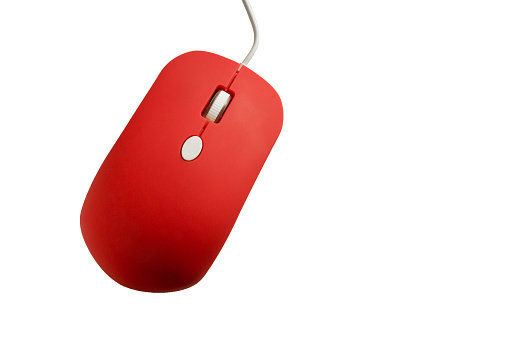Red computer mouse with cord isolated on white background