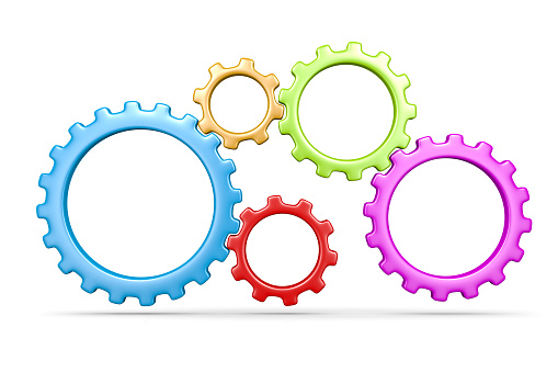Five Plastic Colorful Gears Engaged 3D Illustration Isolated on White Background