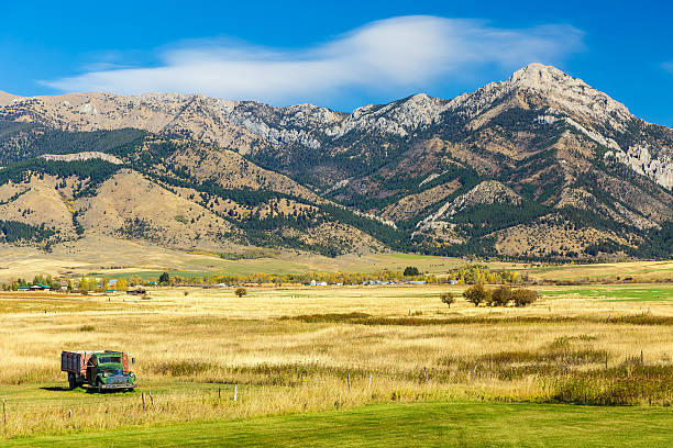 An old truck in a field at the foot of the Bridger mountain range in Belgrade, Montana