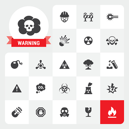 Twenty-two flat unicolor Warning and Hazard related icons plus label with a ribbon. Exclusive Set #31.