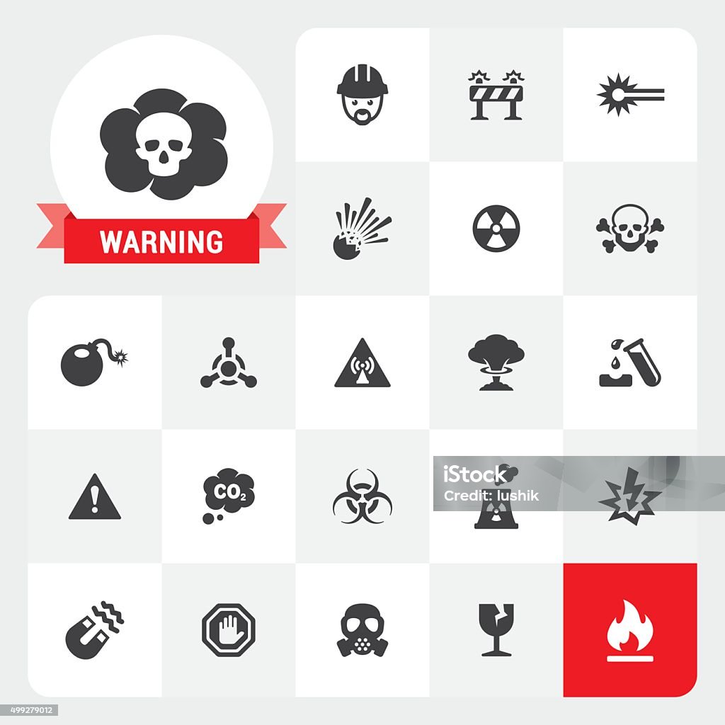 Warning base vector icons and label Twenty-two flat unicolor Warning and Hazard related icons plus label with a ribbon. Exclusive Set #31. Icon Symbol stock vector