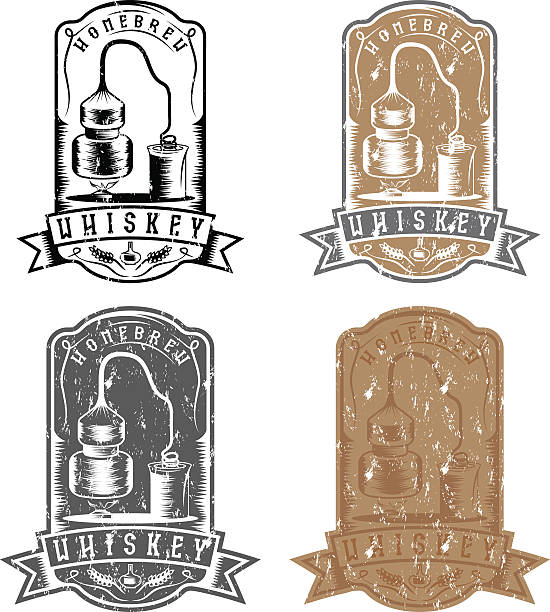 ilustraciones, imágenes clip art, dibujos animados e iconos de stock de vector grunge marcas de whisky con alcohol de inicio de máquina - alambique