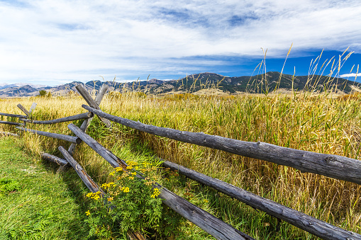 A rustic wooden fence at the edge of Cherry Creek Nature Preserve on the outskirts of Bozeman, Montana