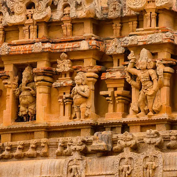 fragment of bas-relief Hindu Brihadishvara Temple, India, Tamil Nadu, Thanjavour, closeup