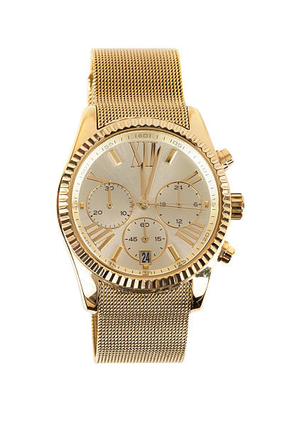 istock Womens gold watch on white background 499281324