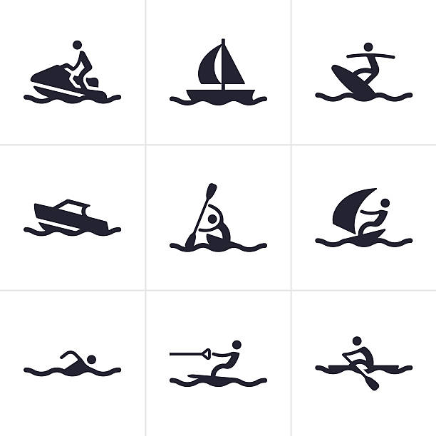 wassersport-icons und symbole - motorbootfahren stock-grafiken, -clipart, -cartoons und -symbole