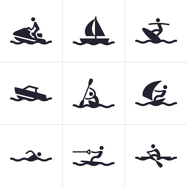 Water Sports Icons and Symbols Water sports and leisure symbols and icons including kayaking, Sailboat, Sailing, Canoe, Swimming, Wake Boarding, Wind Surfing, Surfing, Jetski, and Water Skiing. kayak surfing stock illustrations