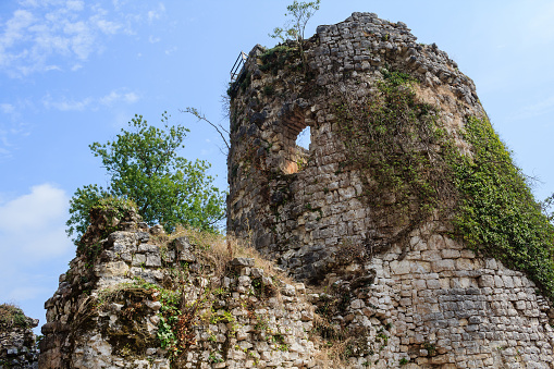 ruins of ancient greek castle tower covered with green liana and small trees in New Athos Abkhazia Georgia