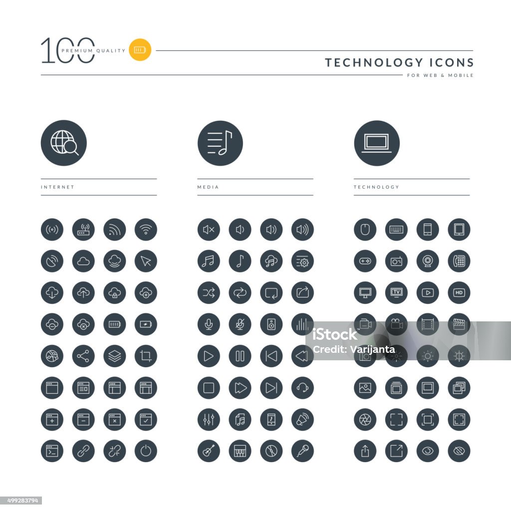 Set of thin line web icons for technology Set of thin line web icons for technology, internet, networking, cloud computing, web development, audio and video media, electronic devices. Icons for website, mobile website and app design. Icon Symbol stock vector