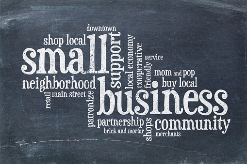 small business concept - word cloud on a vintage slate blackboard