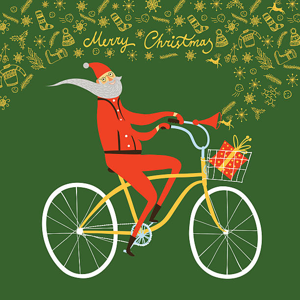 illustrations, cliparts, dessins animés et icônes de santa claus cycliste de noël-illustration - père noel à vélo