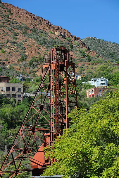 Rusting mining shaft sits on Cleopatra Hill in Jerome, Arizona.  Jerome was known as a wild west town.