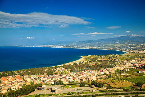 aerial view of a small town Oliveri near famous place Tindari, Sicily, Italy