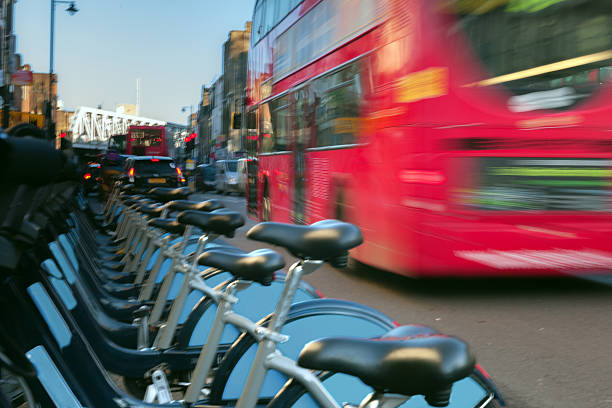 istock London Red Double Decker Bus Driving at street,abstract,UK 499286684