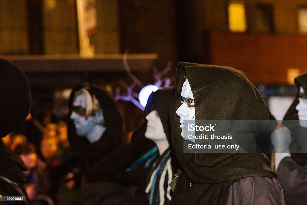 Winter Drummers at the Samhuinn Fire Festival, Edinburgh Edinburgh, UK - October 31, 2015: Blue painted drummers perform in front of a crowd of thousands during the 2015 Samhuinn Fire Festival in Edinburgh's Grassmarket. 2015 Stock Photo