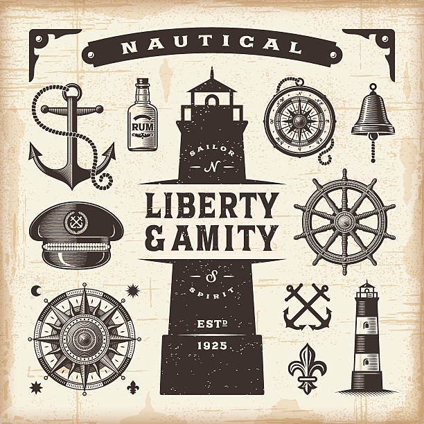 Vintage nautical set A set of fully editable vintage nautical objects in woodcut style. EPS10 vector illustration. Includes high resolution JPG. bellcaptain stock illustrations