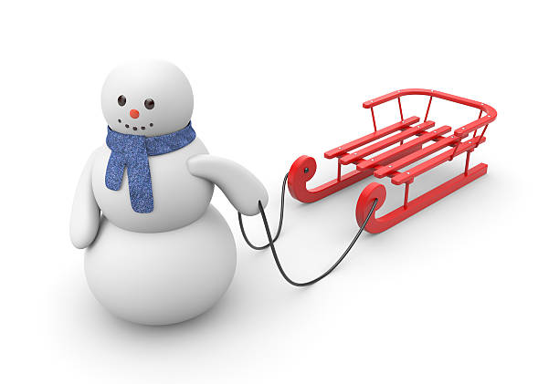 Snowman goes to ride on red sled. Illustration for winter