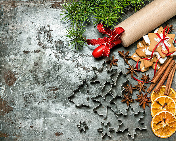 istock Christmas food. Baking ingredients, rolling pin and cookies 499303534
