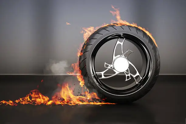 Tire burnout with flames smoke and debris,concept. 3d model with custom rim